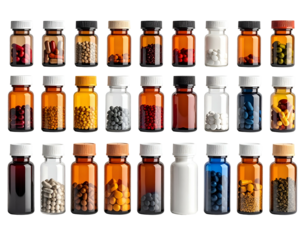 Assorted amber glass bottles filled with colorful pills, capsules, and powders