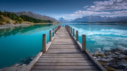 Wooden bridge on a turquoise lake and surrounding mountains and forest	