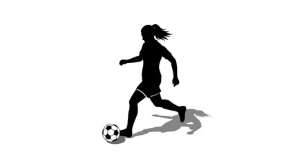 Dynamic silhouette of female soccer player kicking ball with shadow effect