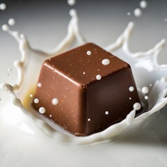 Chocolate Praline Dropping into Milk, Macro Splash, with Studio Lighting