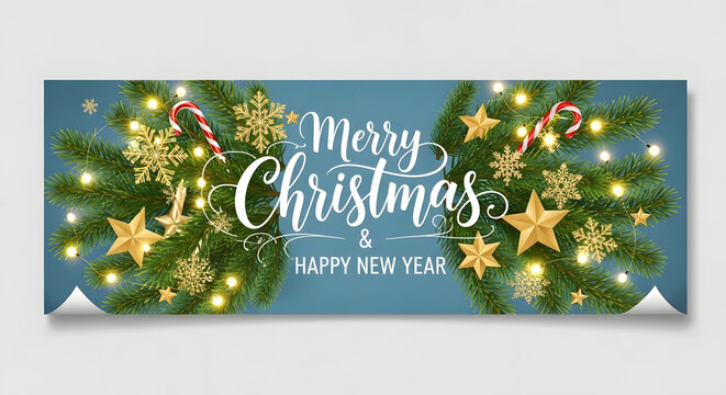 Festive merry christmas and happy new year banner with glowing fairy lights and golden ornaments