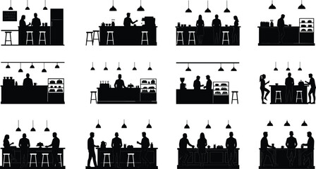 Coffee, shop, café, silhouette, black, white, barista, customer, drink, counter, laptop, stool, icon, minimal, grid, cozy, interior, social, design, daily