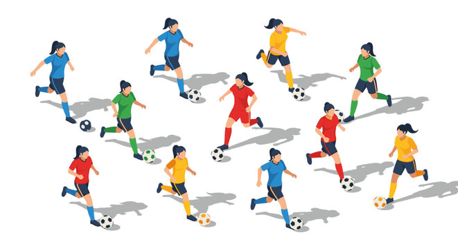 Diverse women soccer players in action - isometric graphic of female athletes playing soccer - Powered by Adobe
