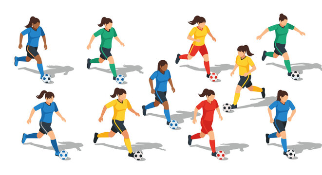 Isometric female soccer players dribbling in team uniforms on white background