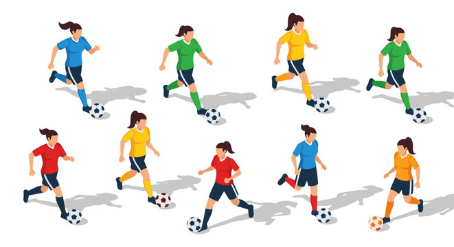 Dynamic isometric female soccer players dribbling in colorful uniforms on a white background