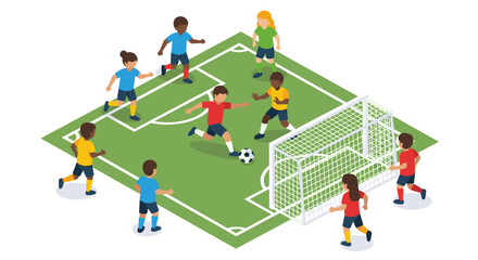 Isometric soccer match with diverse children on field
