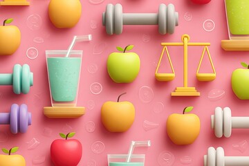Brightly colored elements of fitness and nutrition arranged on pink background. Dumbbells, fresh fruits and green smoothies emphasize healthy lifestyle and balanced diet
