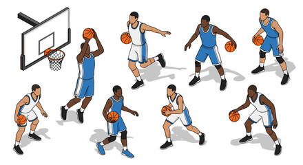 Dynamic basketball players in various action poses in isometric view