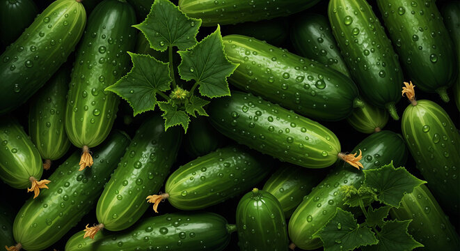 Fresh green cucumbers glistening with water droplets make a vibrant and healthy food background for your next culinary project