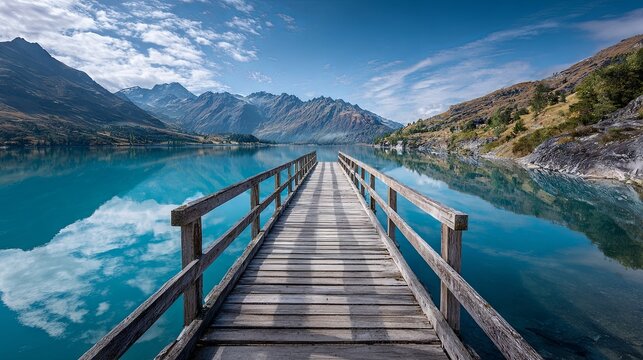 Wooden bridge on a turquoise lake and surrounding mountains and forest	