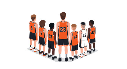 Diverse basketball team standing in line in isometric style