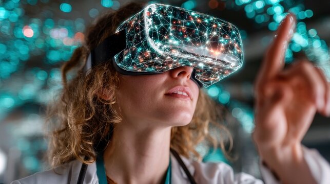 A woman wearing a virtual reality headset with a glowing digital network projected onto it, reaching out her index finger.