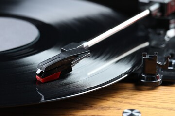 Closeup view of turntable with vinyl record