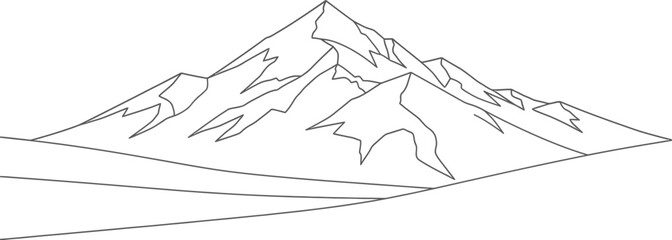 Minimalist mountain range illustration with snow peaks and a gray sky backdrop