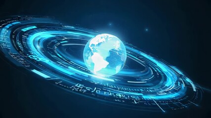 Futuristic holographic globe animation with blue neon light effects - Powered by Adobe