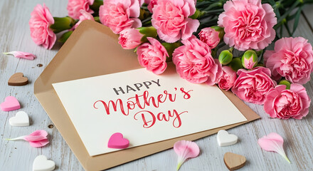 Beautiful pink carnations and a happy mother s day card in a brown envelope on a wooden surface