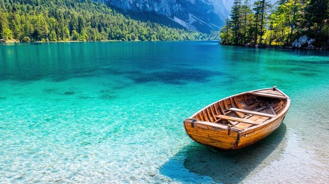 A solitary wooden rowboat is beached on the sandy shore of a vibrant, clear turquoise lake, with dense green forests and imposing mountains forming the backdrop - Powered by Adobe