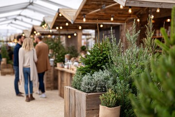 Modern eco-friendly Christmas market featuring plants and festive stalls