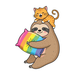 Fototapeta premium Adorable cartoon sloth holding rainbow pillow with kitten on head Keywords: sloth, kitten, cat