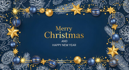 Elegant merry christmas and happy new year greeting card with festive blue fir branches and golden ornaments