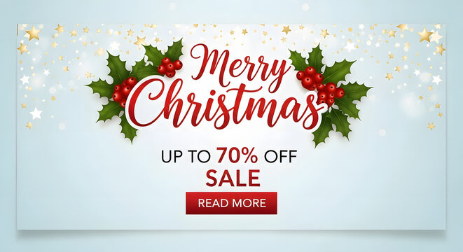 Merry christmas sale up to 70 percent off with holly berries and festive sparkle background