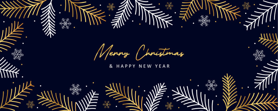 merry christmas card with fir twig border and snowflake decoration vector illustration