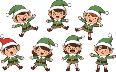 Christmas elves in festive costumes, holiday celebration characters, cheerful cartoon illustration, Santa helper design, joyful winter season decoration art