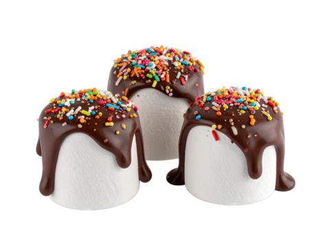 Three delicious chocolate dipped marshmallows with colorful sprinkles.