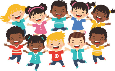 Happy diverse cartoon children group, joyful kids illustration, smiling boys and girls, colorful childhood vector art, friendship, playtime celebration