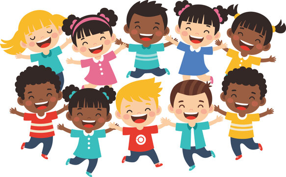 Happy diverse cartoon children group, joyful kids illustration, smiling boys and girls, colorful childhood vector art, friendship, playtime celebration - Powered by Adobe