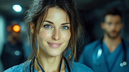 A close-up portrait of a young female medical professional with striking blue eyes and freckles, wearing blue scrubs and a stethoscope, smiling warmly.