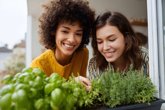 Two women planting herbs together in a sunny indoor garden