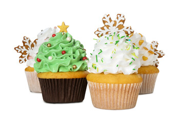 Festively decorated Christmas cupcakes isolated on white