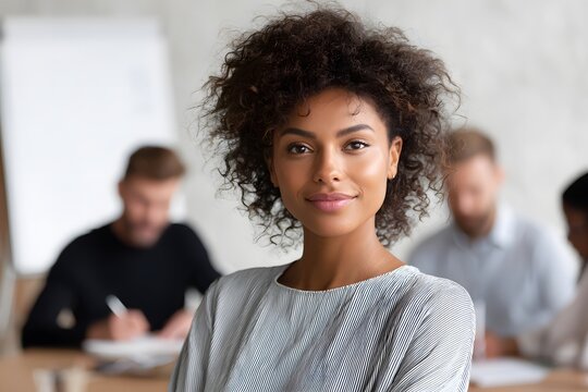 Confident Black woman leading business meeting with team Generative AI