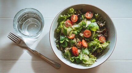 top view bowl of fresh green salad features crisp lettuce, cherry tomatoes and various herbs. glass of water and fork accompany dish on white wooden table, creating simple yet inviting meal setting