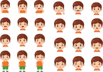 Cute cartoon boy showing multiple facial emotions, happy sad angry surprised crying faces, emotional character illustration, kids expressions, learning feelings concept.