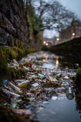 Fototapeta premium vertical shot narrow canal is filled with litter, mainly plastic bottles and debris, surrounded by mossy stones. scene is dimly lit by distant street lamps, creating somber atmosphere in urban area
