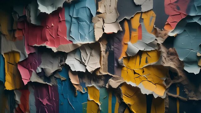 Abstract layers of peeling paint in vibrant colors create a textured, distressed facade.