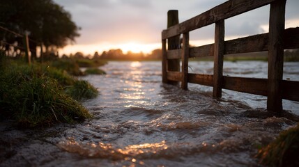 Wooden gate flooded by water at sunset rural landscape illuminated by golden hour glow