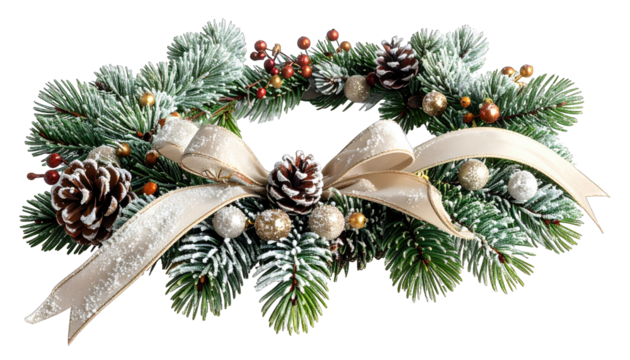 Festive Christmas Wreath Decoration with Pine Cones Berries and Bow.