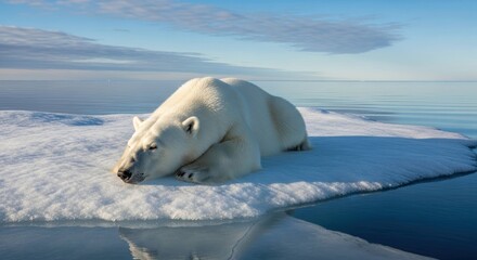 Polar bear rests on melting ice floe, calm waters, blue sky, bright sun