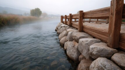 Fototapeta premium A serene river flows alongside a rustic wooden railing and stone embankment veiled in morning mist