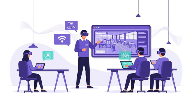 Immersive learning environment featuring virtual reality headsets in educational setting