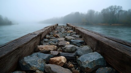 Fototapeta premium A weathered wooden and stone pathway leads into a misty river scene with fog shrouded trees in the distance