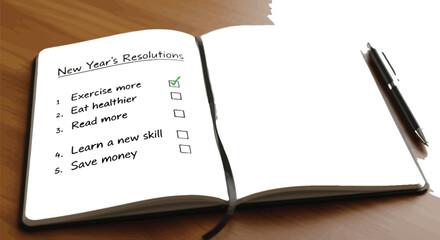New year's resolutions list in a notebook with a pen on a wooden surface