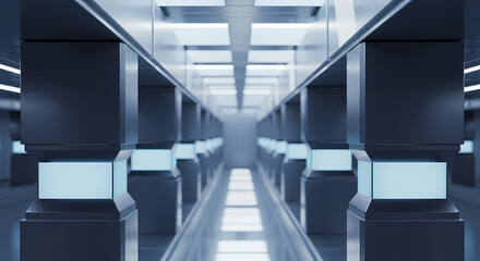Futuristic symmetrical corridor with glowing light panels and dark pillars in a high-tech environment.