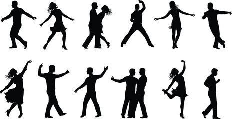Dancing couple silhouettes, black figures, partner movement, expressive pose, dance styles, ballroom, swing, Latin, posture variation, emotional gesture, rhythm, coordination