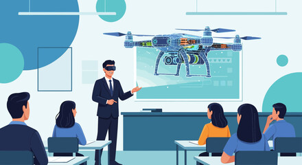 Innovative education session instructor presents drone technology with virtual reality application