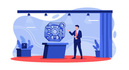 Innovative product presentation with engineer explaining a modern engine component