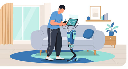 Innovative Prosthetic Leg Controlled with Tablet Technology in a Modern Living Room setting